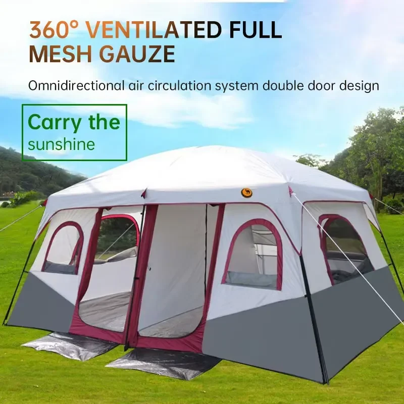 Large Family Camping Tent 6-12 Person Waterproof Double Layer 2 Bedroom 1 Living Room Outdoor Picnic Hiking Shelter Equipment