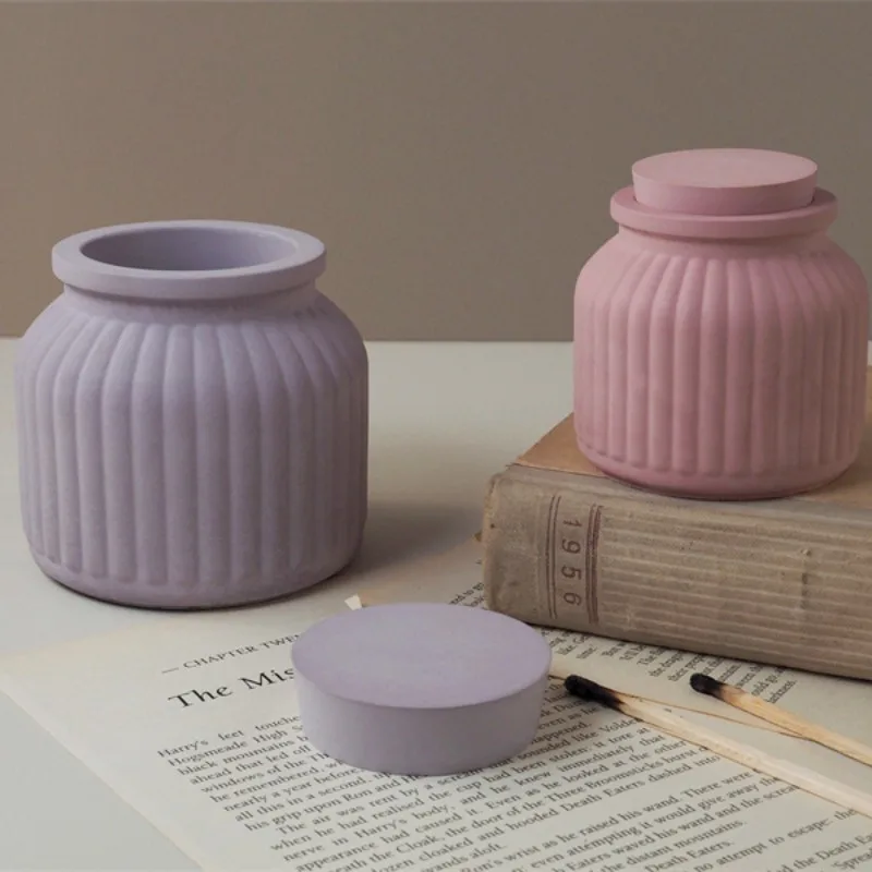 Stripe Round Candle Jar Silicone Mold With Lid DIY Succulent Flower Pot Jewelry Storage Box Plaster Epoxy Resin Molds Home Decor
