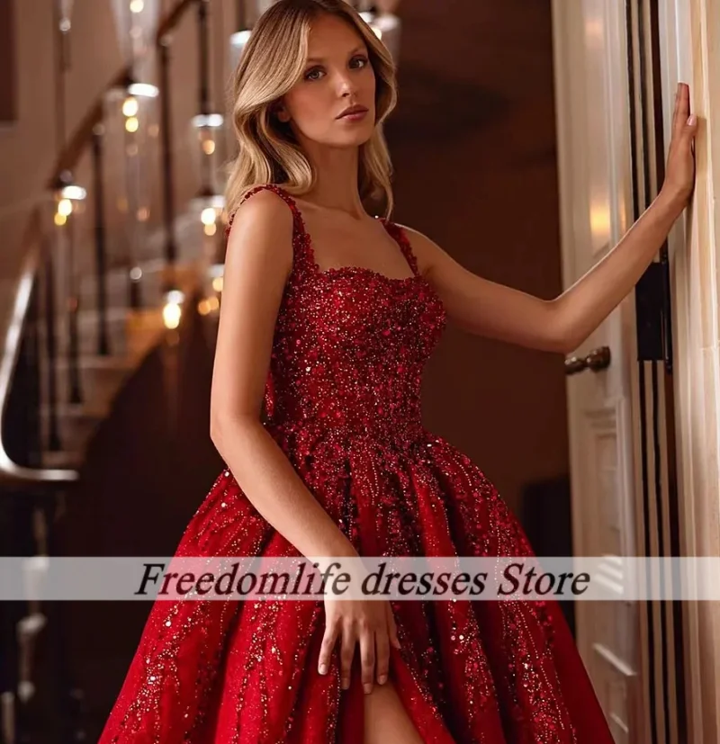 

Elegant Red Prom Dresses Sleeveless Spaghetti Strap Square Ball Gown Party Dress Beaded Sequins Crystal Evening Dress Customized