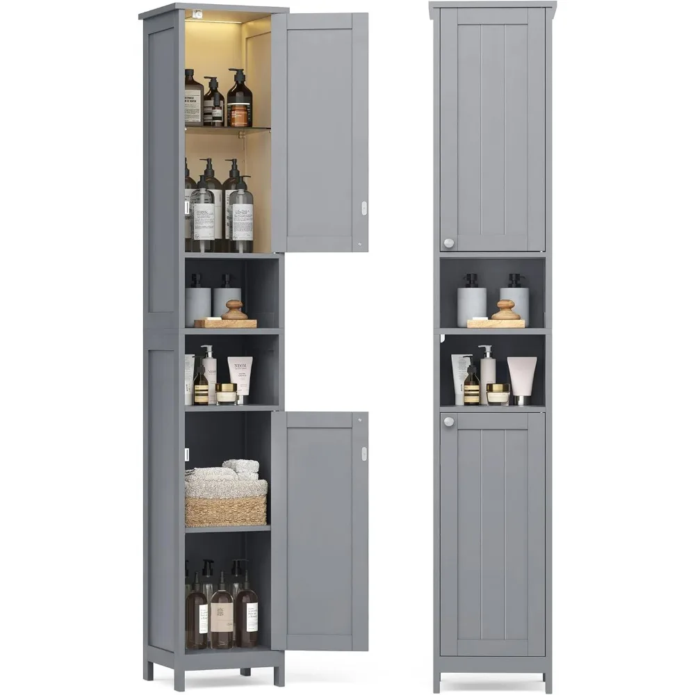 

Tall Bathroom Cabinet with Lights, Slim Bathroom Storage Cabinet, Freestanding Narrow Cabinet with Adjustable Shelves,for Spaces