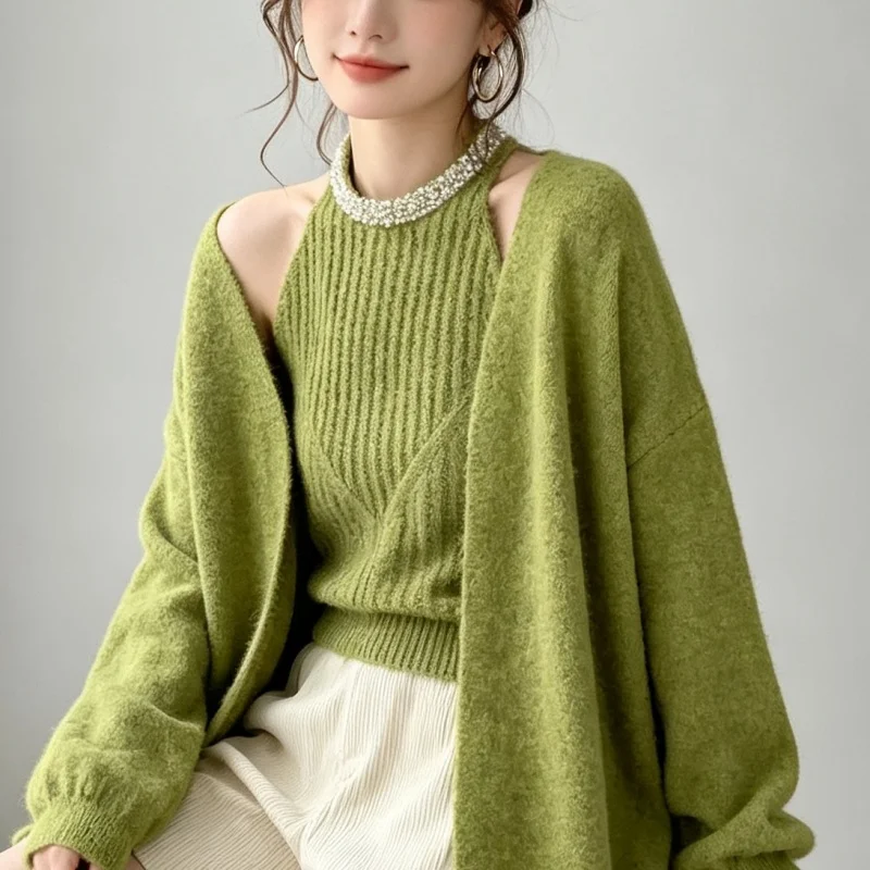 Heavy Craft Pearl Beaded Halter Knit Top Loose Cardigan Two Piece Set Women Green Sweater Suit Autumn Winter