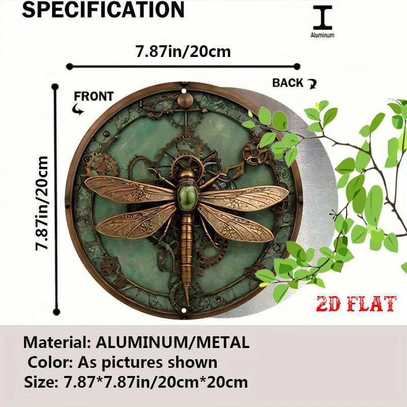 2D Flat, 1pc Vintage Steampunk Dragonfly Metal Wall Art - Rustic Round Aluminum Sign Suitable for Home, Garage, Dining Room, Caf