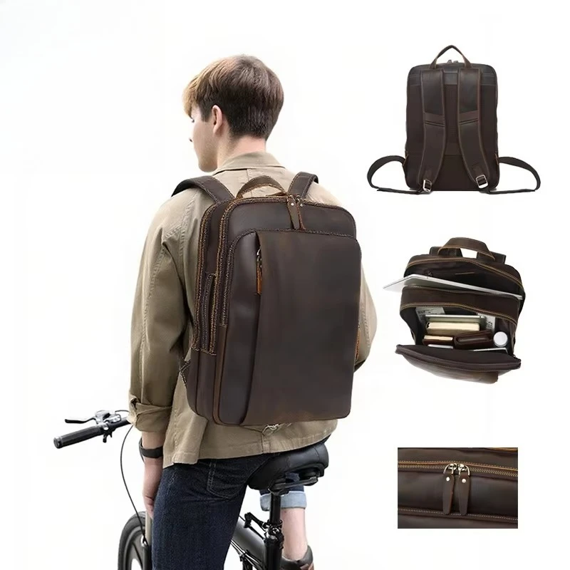 Waterproof leather men's bag travel leisure sports school student notebook backpack multi-compartment