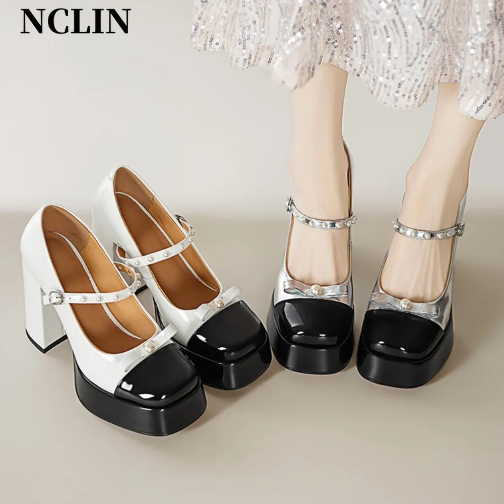 

Silver And White Super High Heels Mary Jane Shoes Women 2025 Goth Chunky Platform Pumps Woman Ankle Buckle Party Lolita Shoes