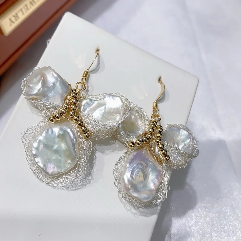 Sgarit brincos de pérola barroca natural, flores artesanais de renda irregular, acessórios de orelha de ouro preenchido 14k, brincos de casamento diy