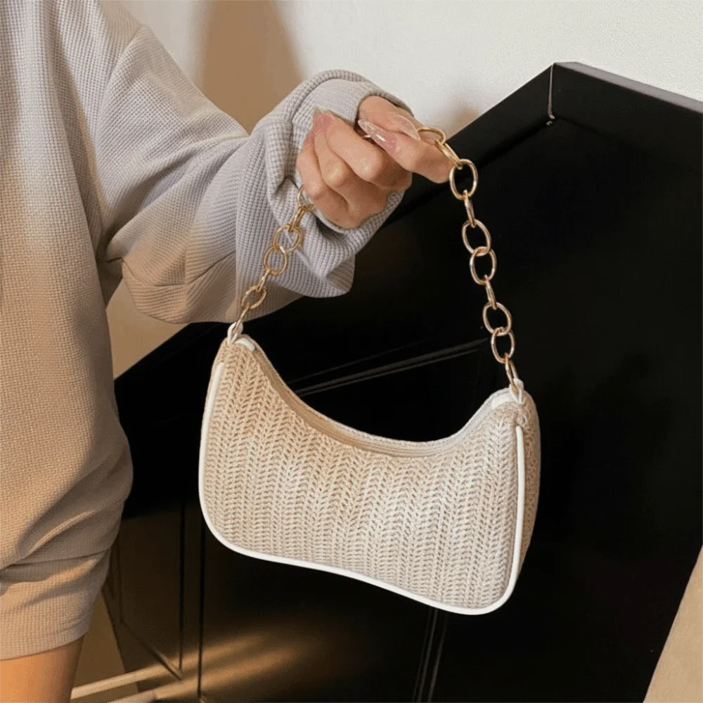 

Casual Bohemian Straw Shoulder Bag Square Solid Color Weave Underarm Bag Mobile Phone Pouch Chain Beach Handbag Women