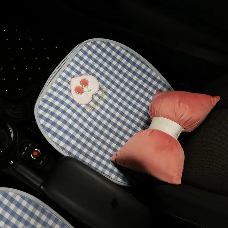 Universal Linen Car Seat Cushion Plaid Cherry Design Four Seasons Half Surround Breathable Summer Day Seat Cover