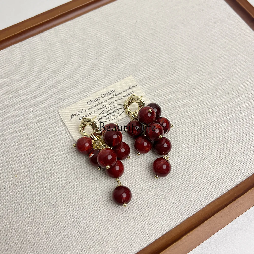 

Red beaded tassel earrings retro light luxury niche temperament high-end earrings