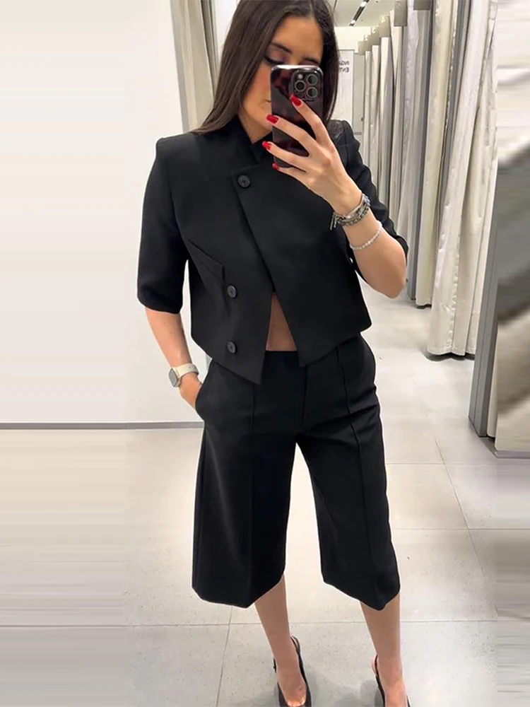 Elegant Women's Black Cropped Blazer Coats Autumn Stand Collar Single-breasted Short Sleeve Female Coat 2026 Fashion Streetwear - view 3