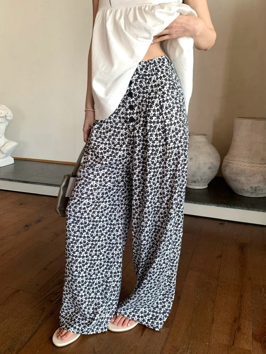

Alien Kitty Summer Printed Florals Pants Women Wide Leg Casual New Office Lady 2025 Holiday Daily Loose Chic Slim Tank Tops
