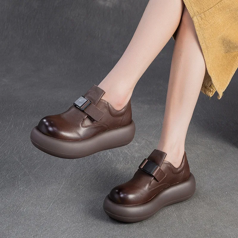 

GKTINOO Spring Autumn Thick soled Women's Shoes Genuine Leather British Style Big Toe Flat Platform Shoes Retro Slip-On Shoes