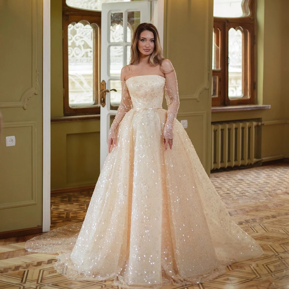 

Customized Simple Strapless Sparkly Sequined Tulle Evening Dress ILLUSION Full Sleeves Party Dress A-line Floor Length Prom Gown