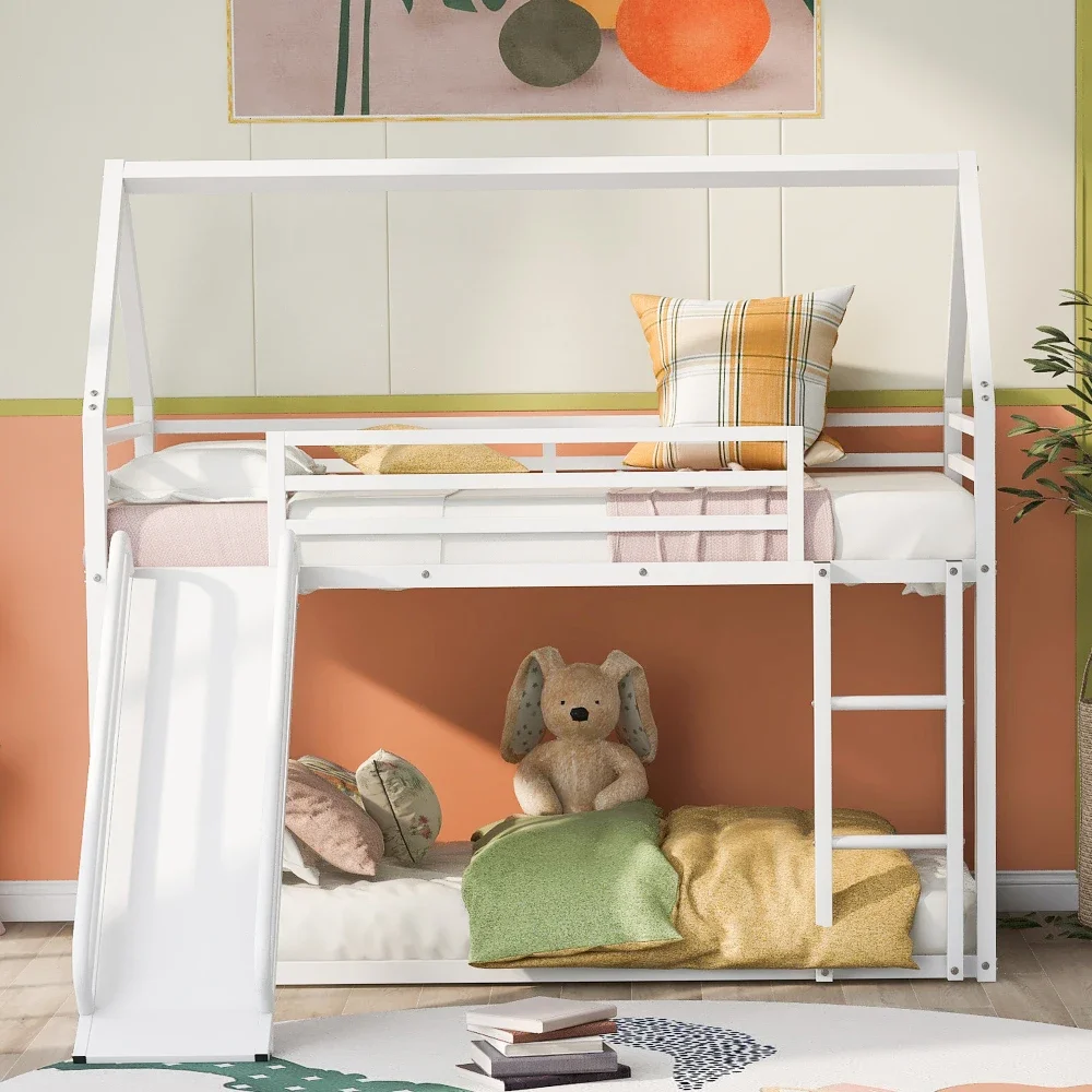 Children Beds Twin Over Twin House Bunk Beds Ladder and Slide,Children Furniture White Toddler Bed Kids Furniture Children's Bed