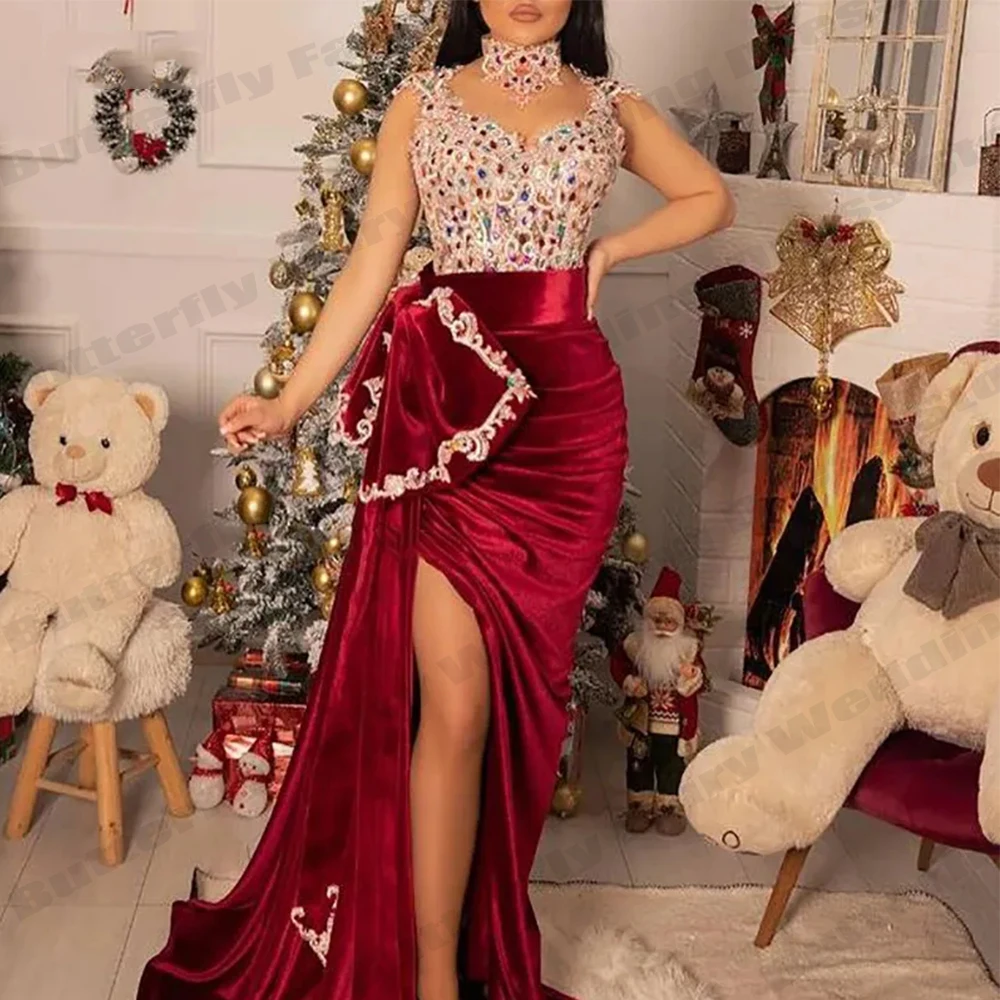 

Sexy Mermaid New 2023 Summer Women Elegant Luxury High Neck Sleeveless High Slit Evening Party Prom Dresses Long Dresses Sexy