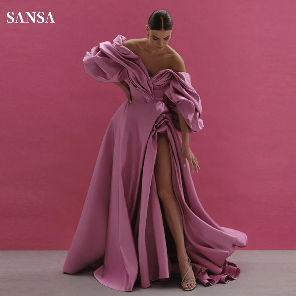 Sansa Sexy Off Shoulder A-line Prom Dresses Side High Split Vestidos De Noche Gorgeous Pink Thick Satin Vestidos De Fiesta