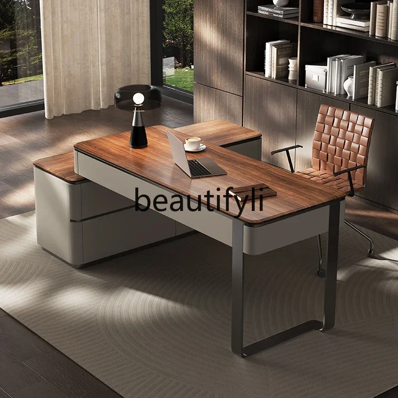 

Italian minimalist study desk light luxury high-end designer walnut solid wood desk