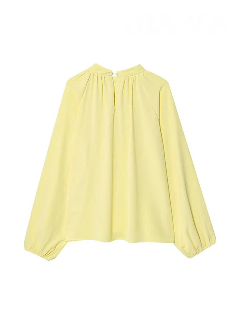 HH Women's Fashion Shirts Yellow O-Neck Lantern Long Sleeves Bow Lace-Up Decoration Female Autumn Casual Loose Blouses