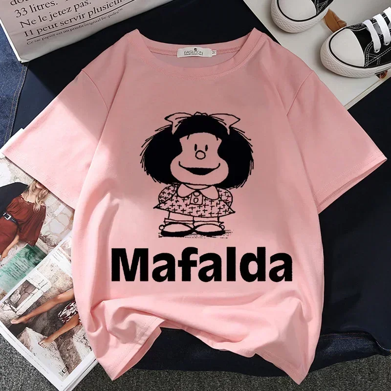 Camiseta con estampado gráfico de Mafalda Kawaii para mujer, Tops rosas de estética Harajuku, camiseta informal Y2k, camiseta para mujer 2021