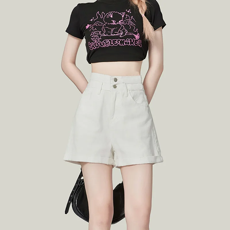 

White Fashion High Waist Denim Shorts Women Summer Thin New Style A- Line Slim Small Size Hot Pants Cotton Lightweight Shorts