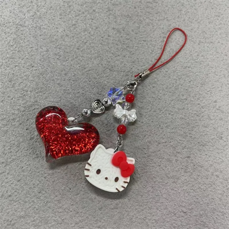 Anime bonito cordão do telefone móvel glitter amor pingente olá kitty ins moda dos desenhos animados kt gato chave curta pingente presente atacado