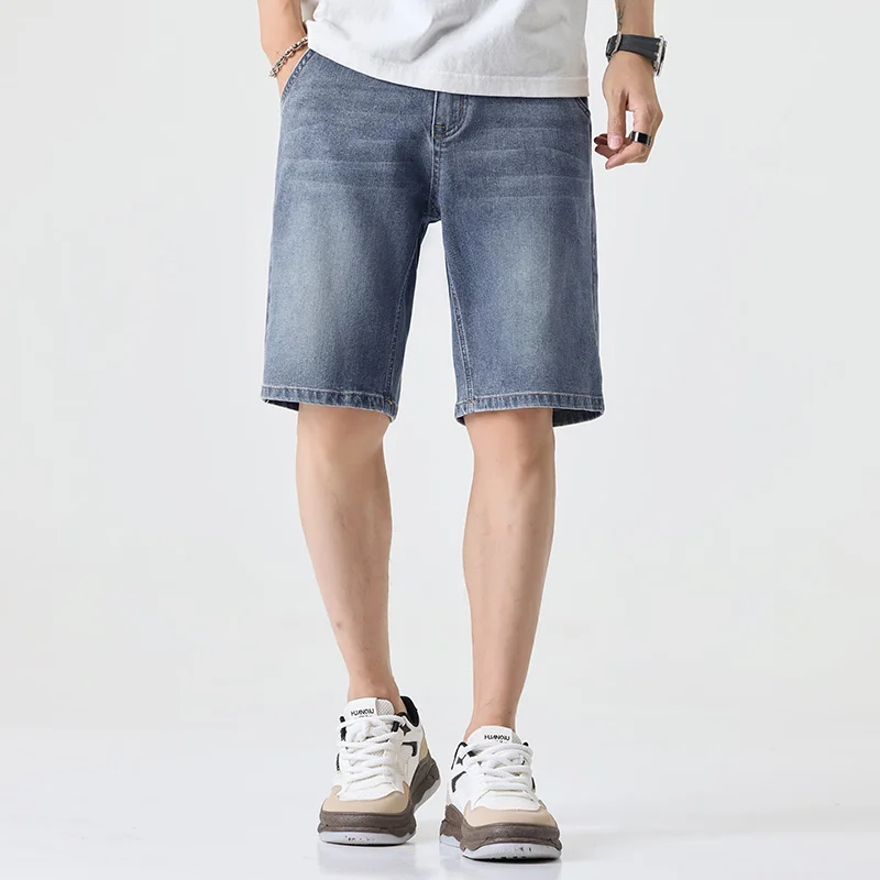 Brand Clothing Men's Summer Thin Cotton Denim Shorts High Street Casual Knee Length Youth Fashion Stretch Five-Point Denim Short