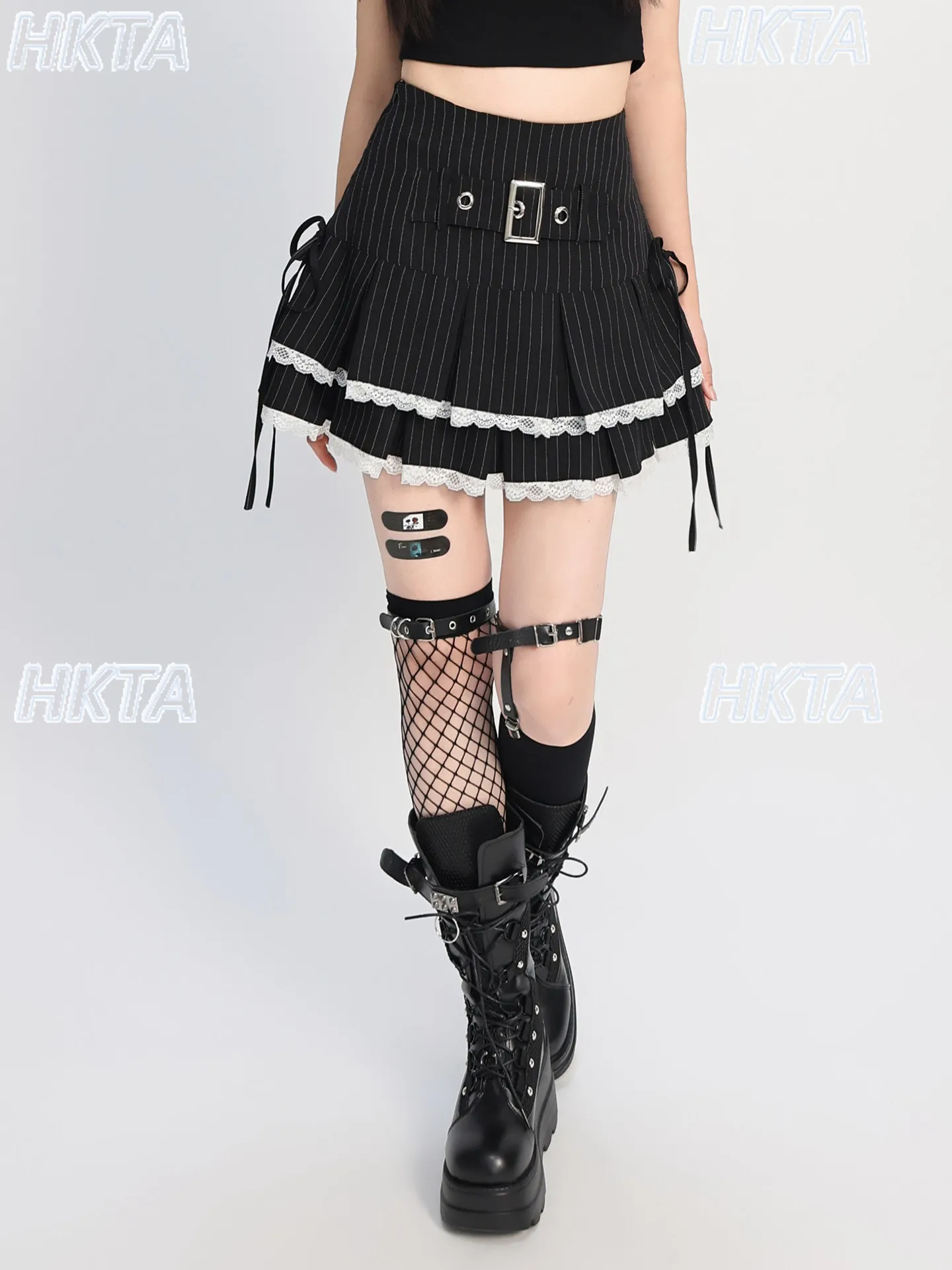 Japanese Y2K Subculture Punk Lace Stitching Bow Strap Sweet Cool Mini Skirt Summer Goth Stripes Hot Girl New Black Skirts Women