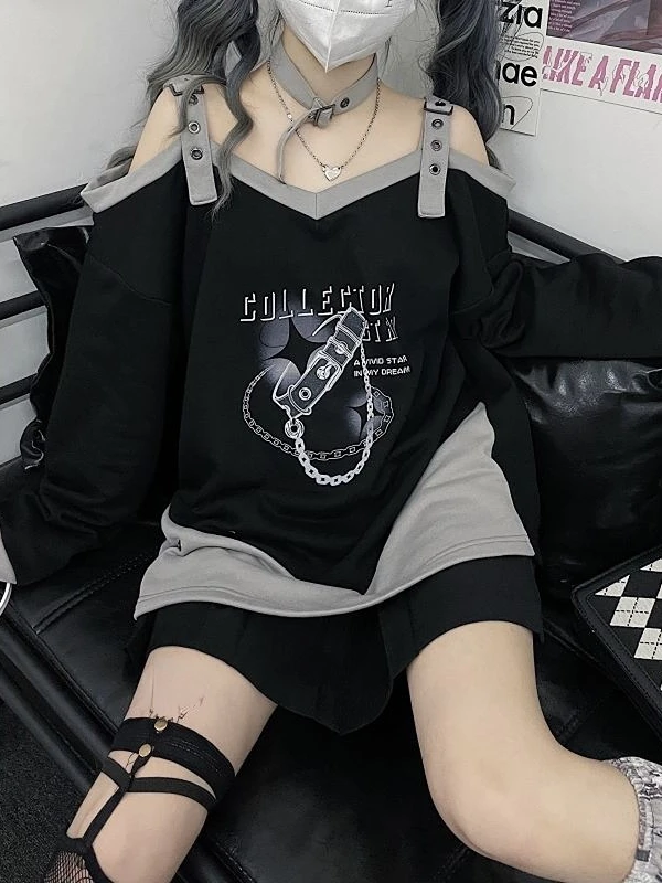 2024 Black Y2k Harajuku Hoodies Women Off Shoulder Belted Pullover Aesthetic Sweatshirt Female Goth Printed Jersey Punk Moletom