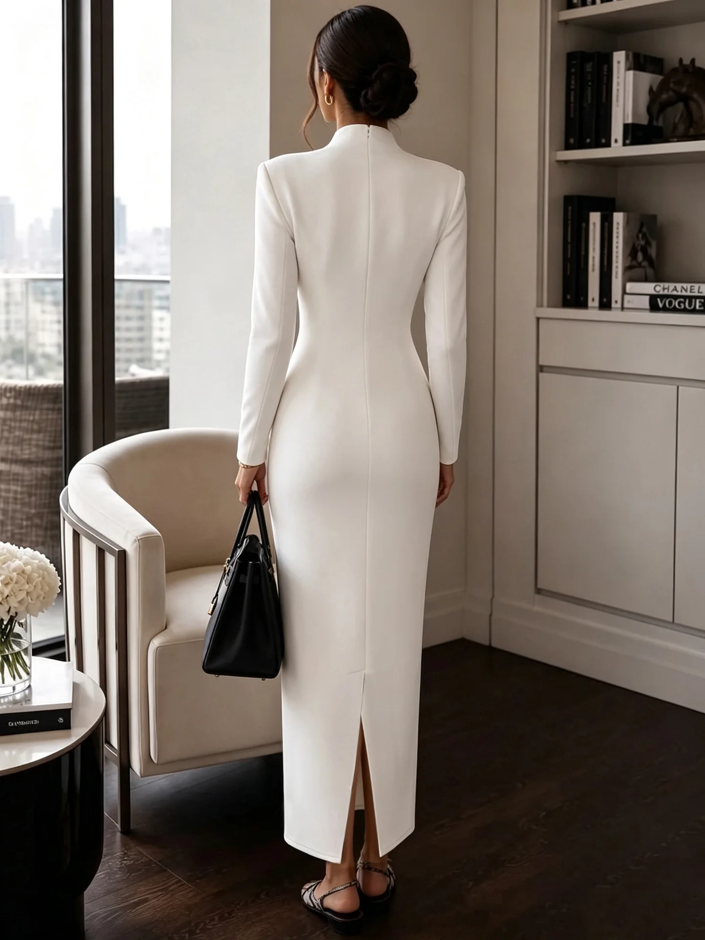 STYLISH LADY Stand Collar Long Sleeve Maxi Bodycon Dress Women V Neck Back Split Elegant Formal Evening Party Midi Gown Dress