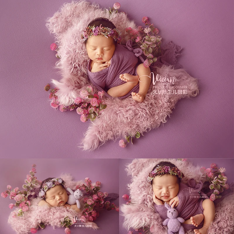 Newborn Photography Props Baby Stretch Wrap Cloth Artificial Flower Headband Sheepskin Blanket Bear Doll Studio Photo Outfit