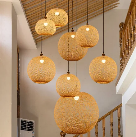 

Chinese style bamboo woven spherical chandelier, rural tea room, Zen style staircase, artistic homestay lighting fixtures