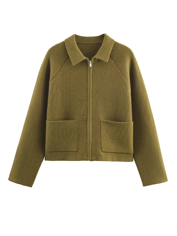 HH Frauen Mode Gestrickte Langarm Jacke Frauen Herbst High Street Casual Taschen Zipper Solide drehen-unten Kragen Pullover