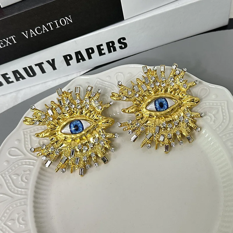 Exaggerated Personality Rhinestone Big Eye Earrings Vintage Open Ring Brooch Earrings Set Women\'s Party Jewelry Accessories