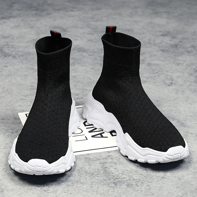 Men\'s Casual Shoes High Top Sneakers Men Boots Trend Socks Shoes Mesh Outdoor Running Shoes Male Breathable Comfortable Slip on