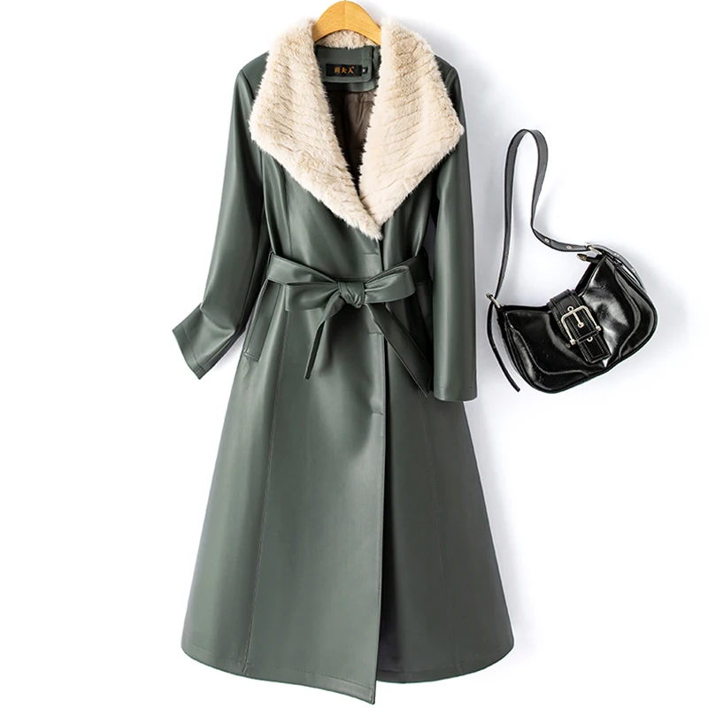 

New Women Autumn Winter Down Liner Leather Coat Fashion Mink Fur Collar Covered Button Thick Warm Overcoat Casual Long Coat