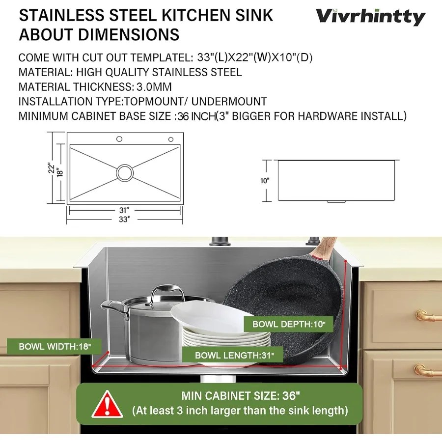 33x22 Drop in Kitchen Sink 10 Deep Large Top Mount Single Bowl Stainless Steel Sink with Nano Coating for Kitchen and Laundry R