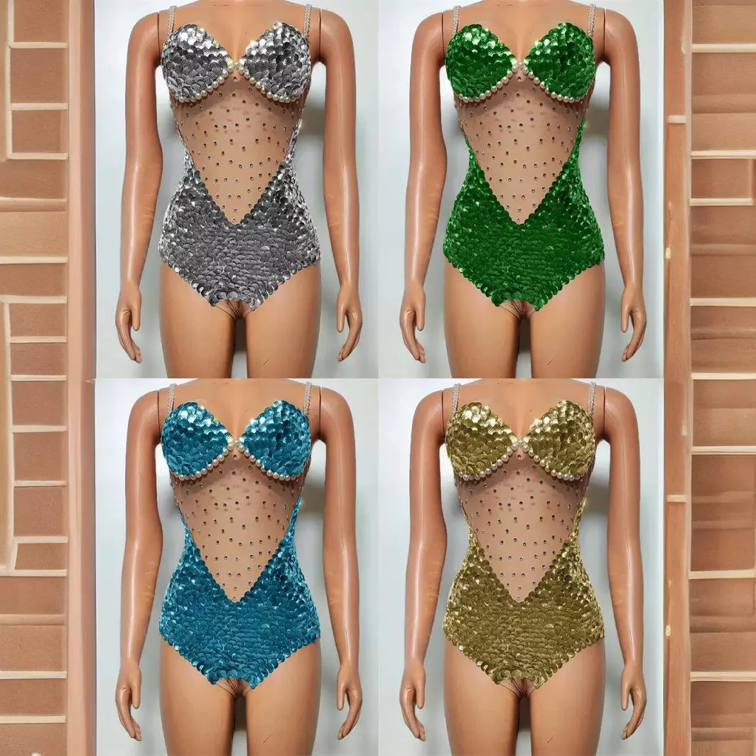 Sparkling Birthday Party Stage Outfit Sexy Rhinestone Elastic Bodysuit Nightclub Performance Costume for Glamorous Show Vestito