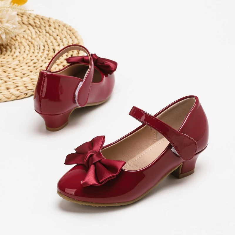 

Girls Catwalk Shoes Wine Red Bowknot Wedding Party Children Fashion High Heel Shoes Non-slip Causal Kids Princess Leather Shoes