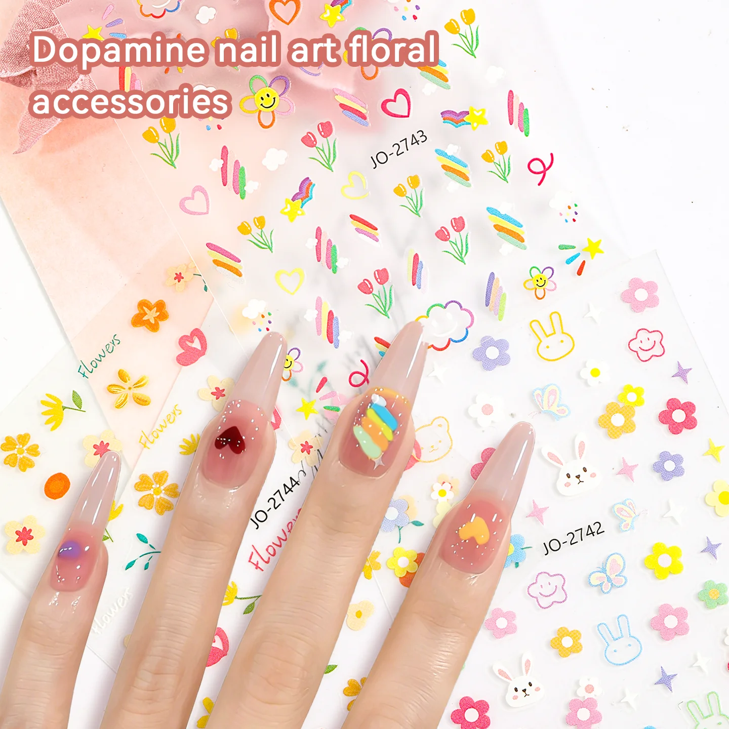 SANANIE 6Pcs Cute Multicolor Flower Nail Art Stickers Trendy Daisy Rabbit Rainbow Heart Adhesive Decals DIY Manicure Accessories