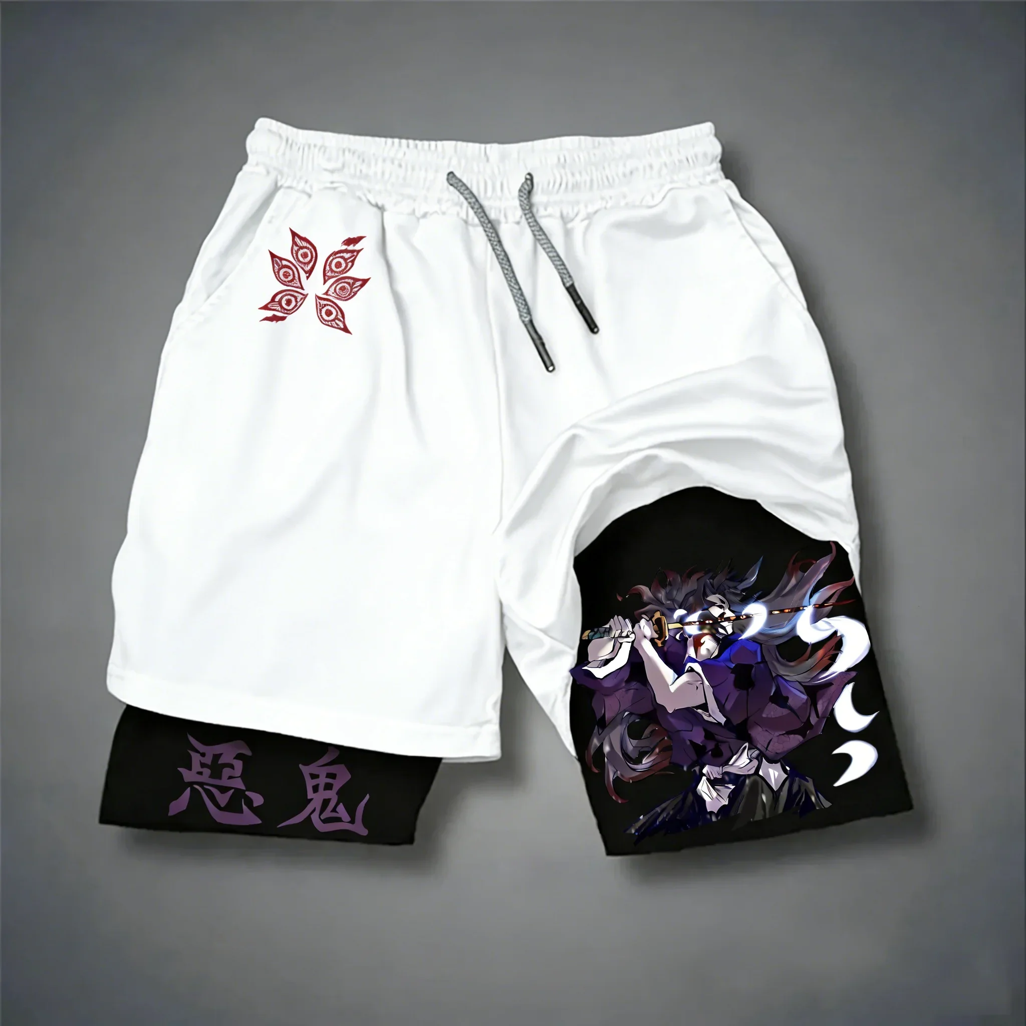 

Demon Slayer Men's and Women's Summer Shorts Kokushibo Anime Printed Football Quick Drying Breathable 2-in-1 Sports Shorts