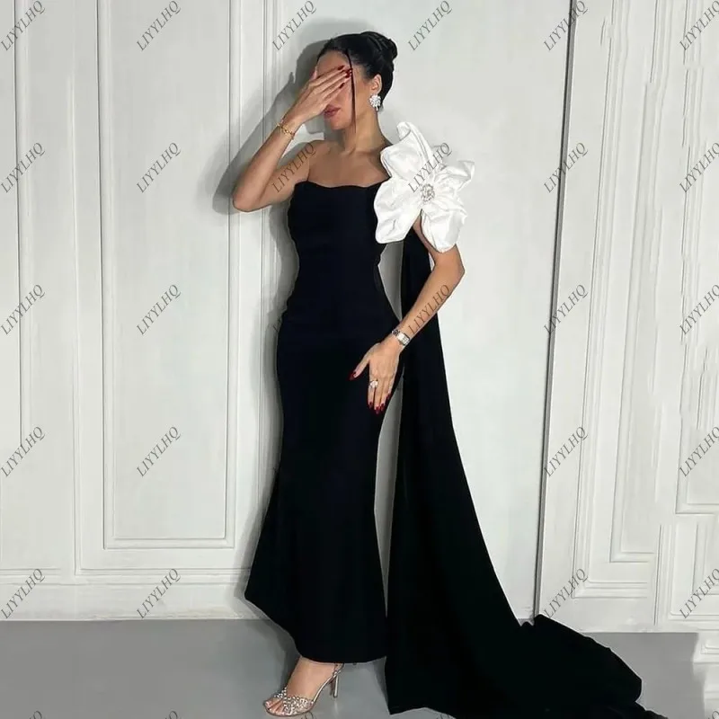 

Newest Black Mermaid Evening Dresses With Big White 3D Flower Women Popular Ankle-Length long cape Saudi Arabia Party Dresses