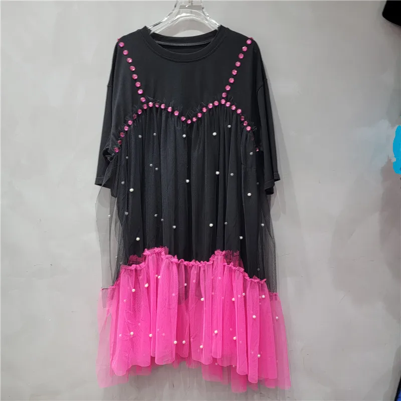 Mesh Splicing Ruffles Diamonds Beaded T-Shirts Dress Gauze Crystal Tees Dress Pearls Contrast Colors Short Sleeved Vestidos Tops