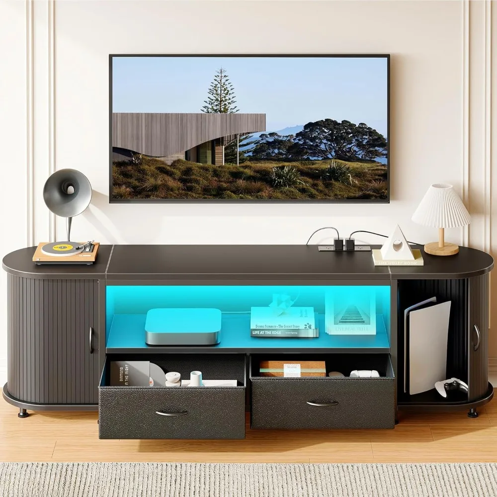 

TV Stand for 55 60 inch TV, Entertainment Center with Power Outlet and LED, 2 Fabric Drawers TV Console with 2 Cabinet