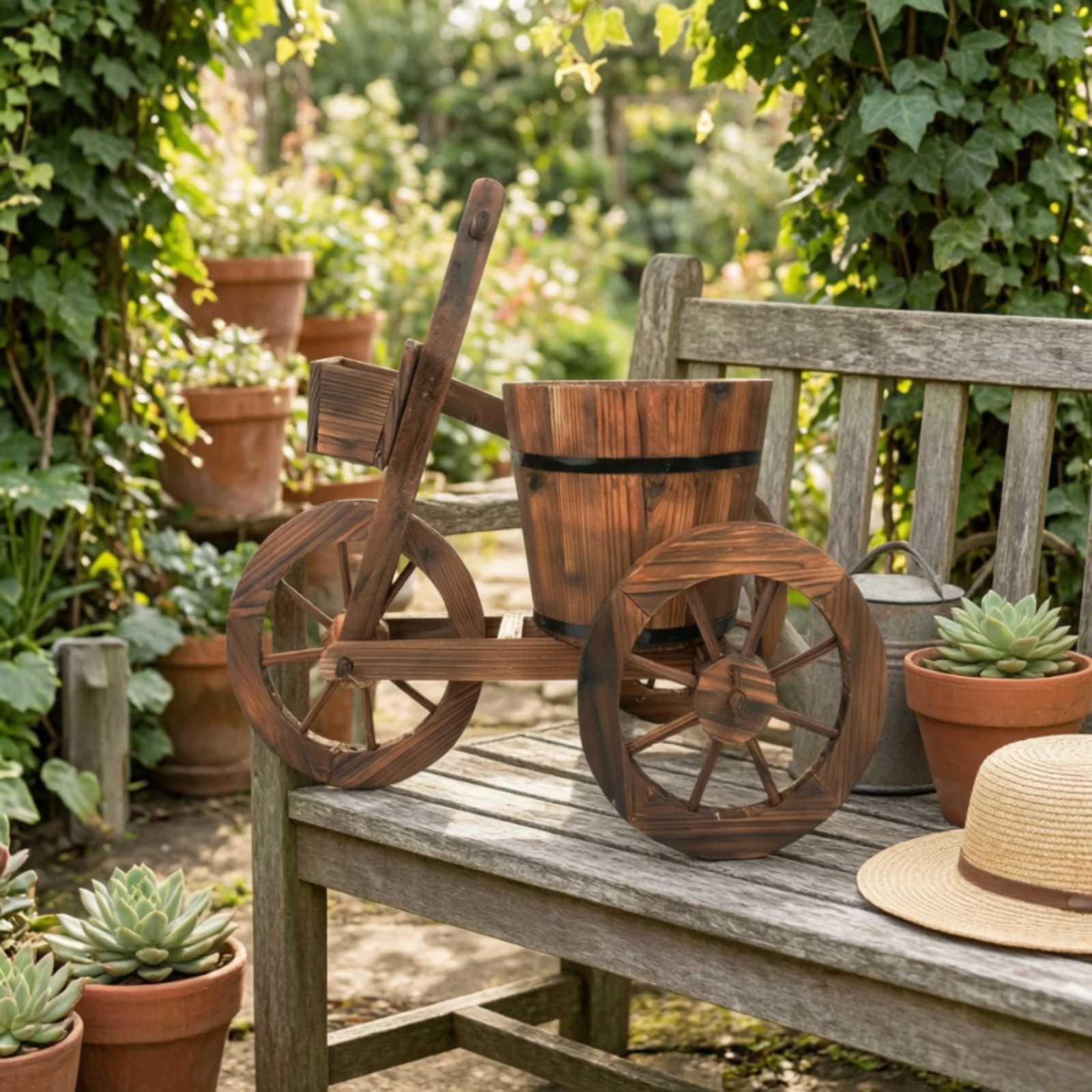 Wooden Tricycle Planter Carbonized Tricycle Planter with Bucket Flower Cart Decorative Outdoor for Gardeners, Patios, Tabletops
