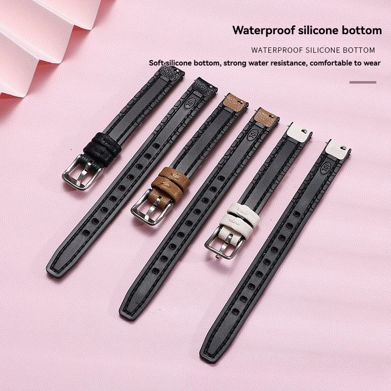 لينة حزام (استيك) ساعة حزام المرأة 10 مللي متر 12 مللي متر 14 مللي متر حجم صغير عرض الطبقة الأولى جلد البقر سيليكون أسفل أشرطة ساعات اليد حزام رقيقة جدا