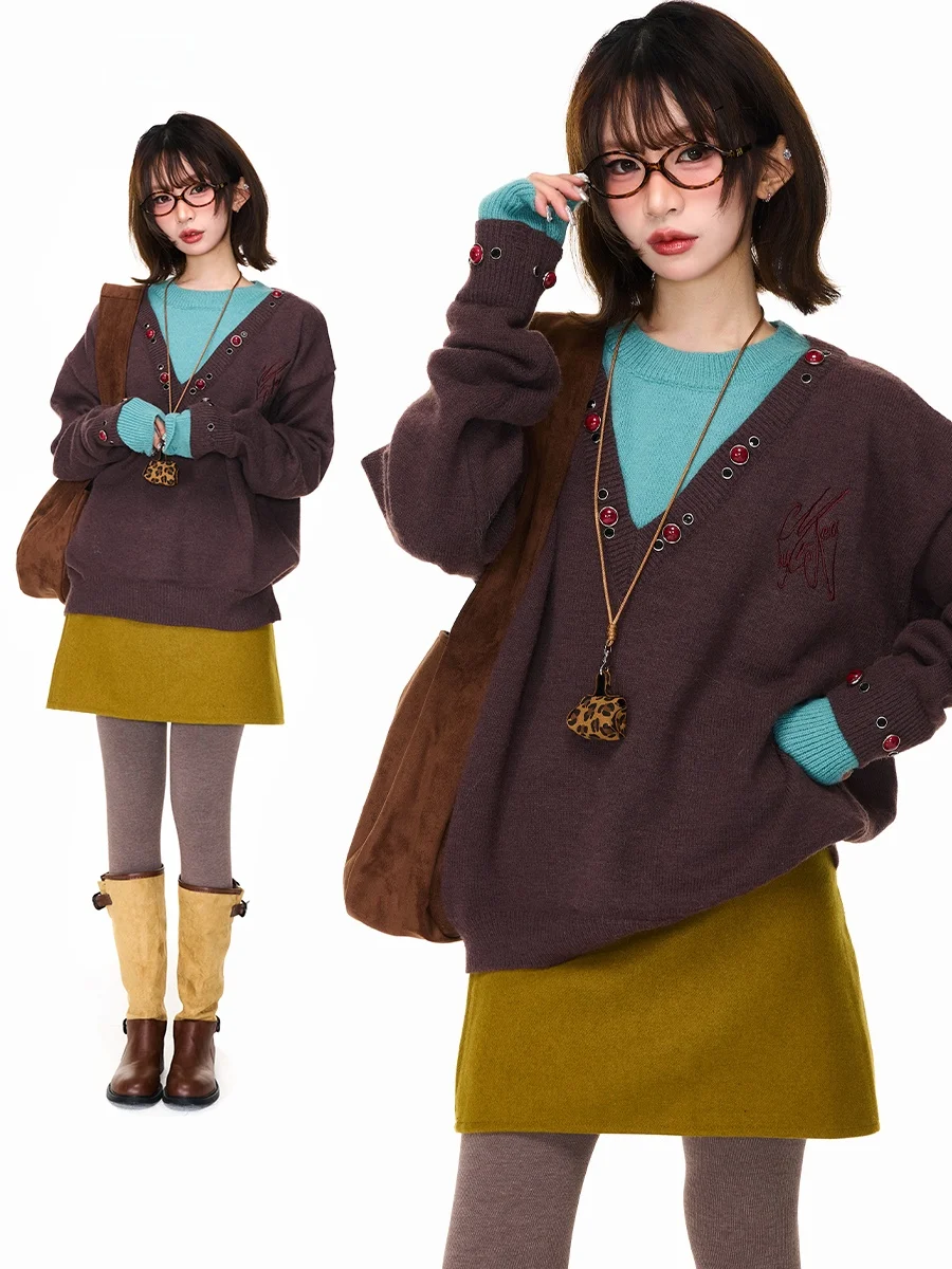 

Женский осенне-зимний топ Sanowers в американском ретро-стиле с V-образным вырезом, имитация двухслойности, свободный крой, вязаный, в стиле lazy chic