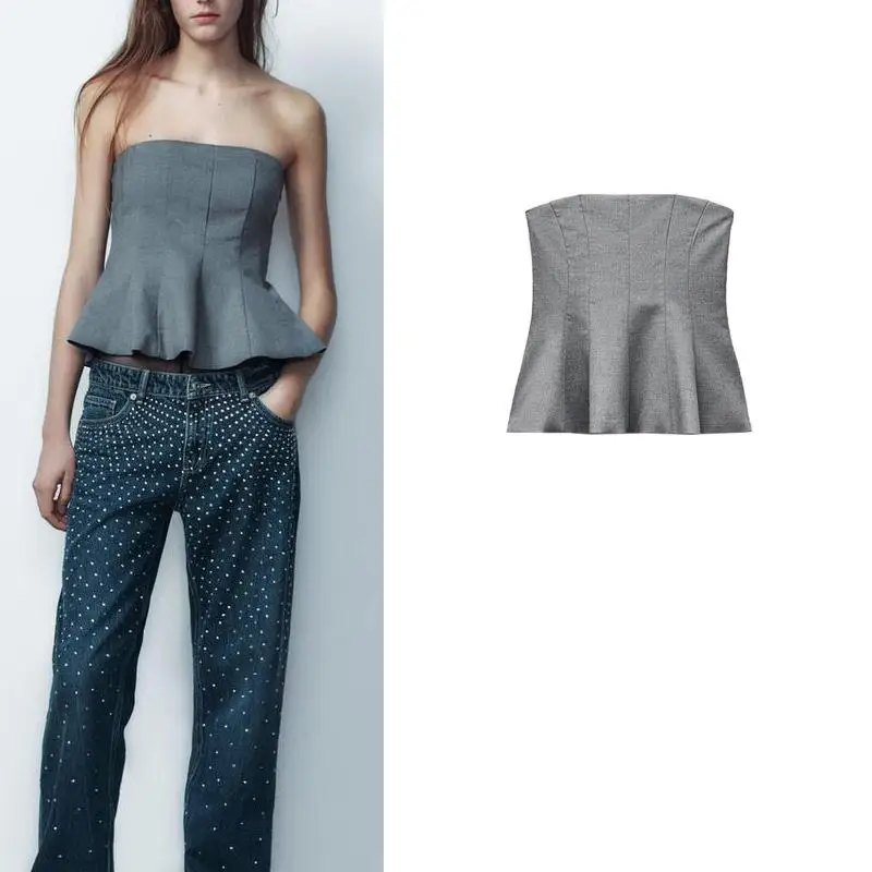 

New Autumn Winter Women's ort Crop Top Strapl Skirt Sle Hem Versatile All-Match Color Slim Fit Single Piece