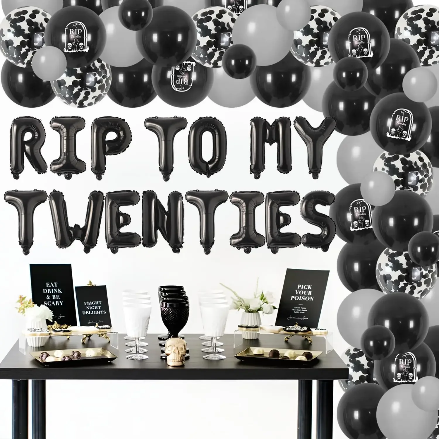 76Pcs Gothic Birthday Decorations Rip To My Twenties Garland Arch Kit Black Balloon Rip To My 20s Sash Birthday Decorations