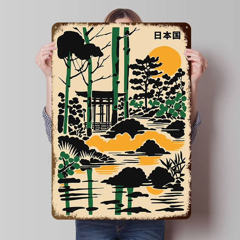 Japanese Garden With Torii Gate Tinplate Poster Custom Wall Art Vintage Metal Signs Retro Tin Plaque for Aesthetic Room Decor