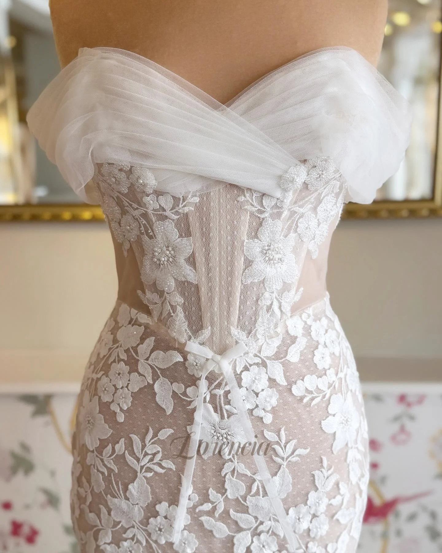 Lorencia Romantic Lace Mermaid Wedding Dresses Off the Shoulder Basque Trumpet Bridal Gowns Fitted Bride Dresses Customized