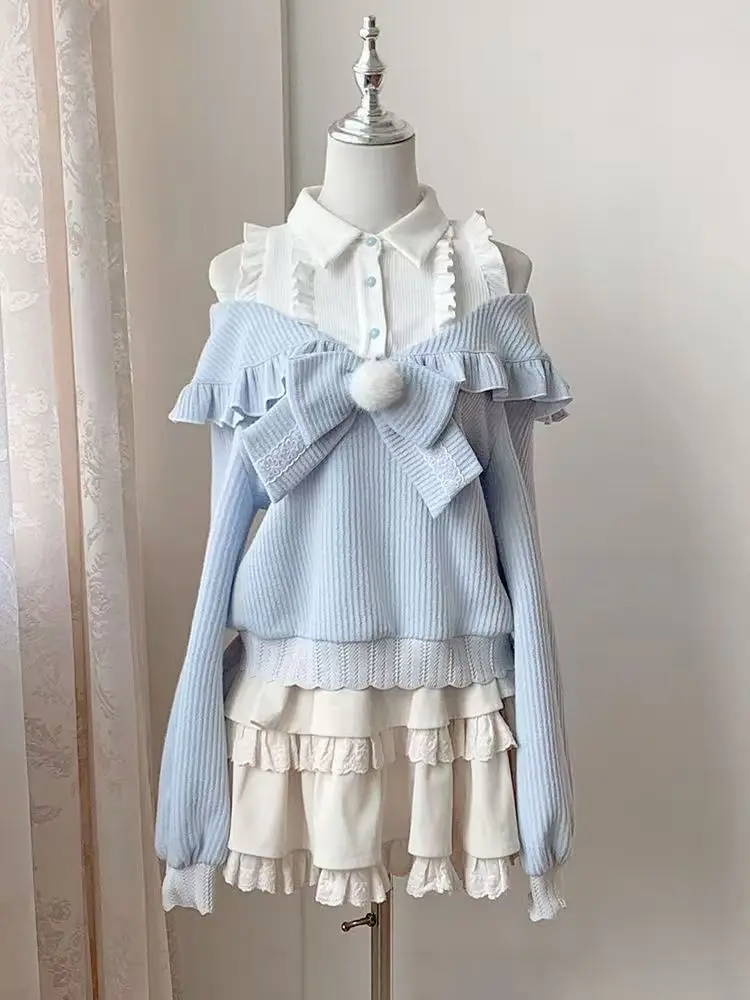 Autumn New Japanese 2025 Sweet 2-piece Set Women Design Off Shoulder Patchwork Bow T-Shirts Kawaii Lace High-waist Skirt Suit